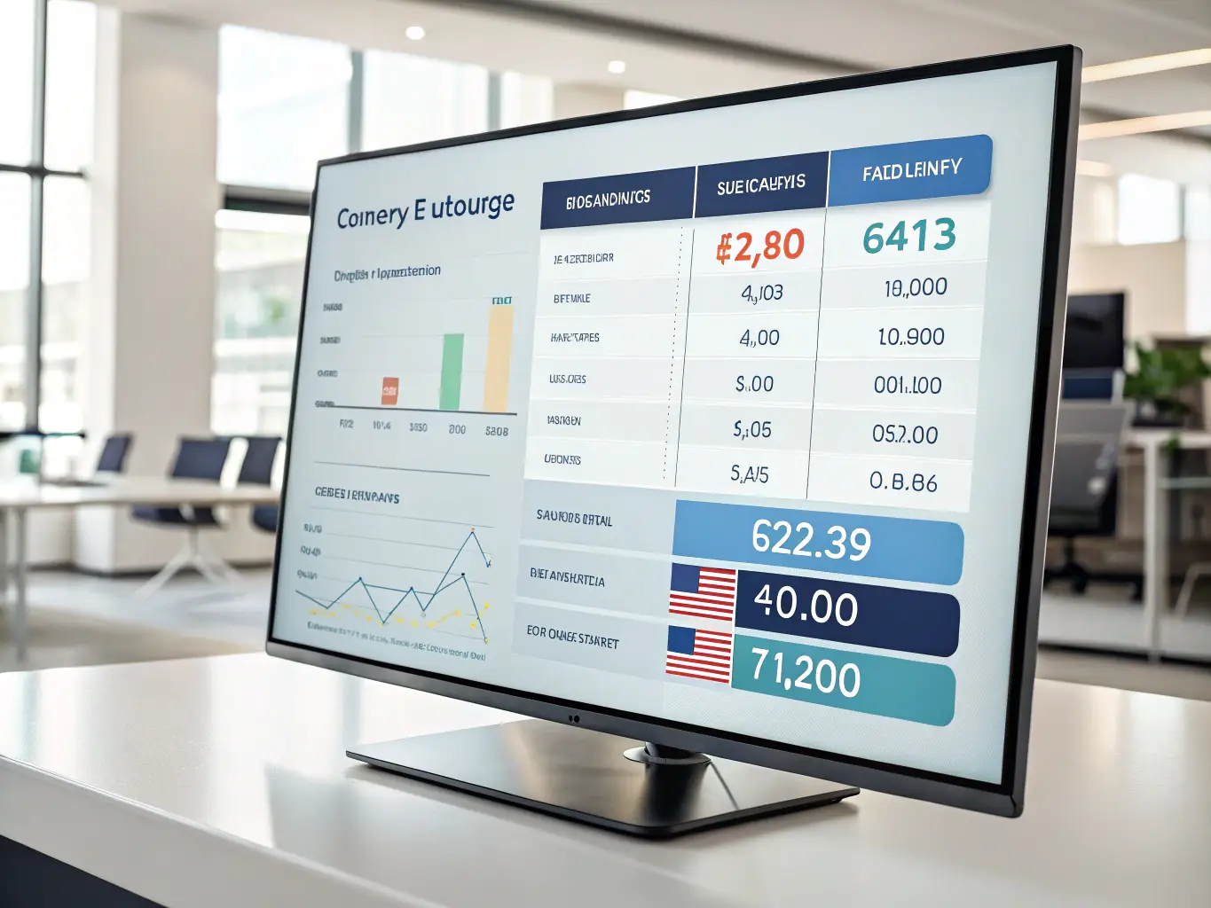 A digital interface showing currency exchange rates and stock market data from various countries, symbolizing global financial markets.